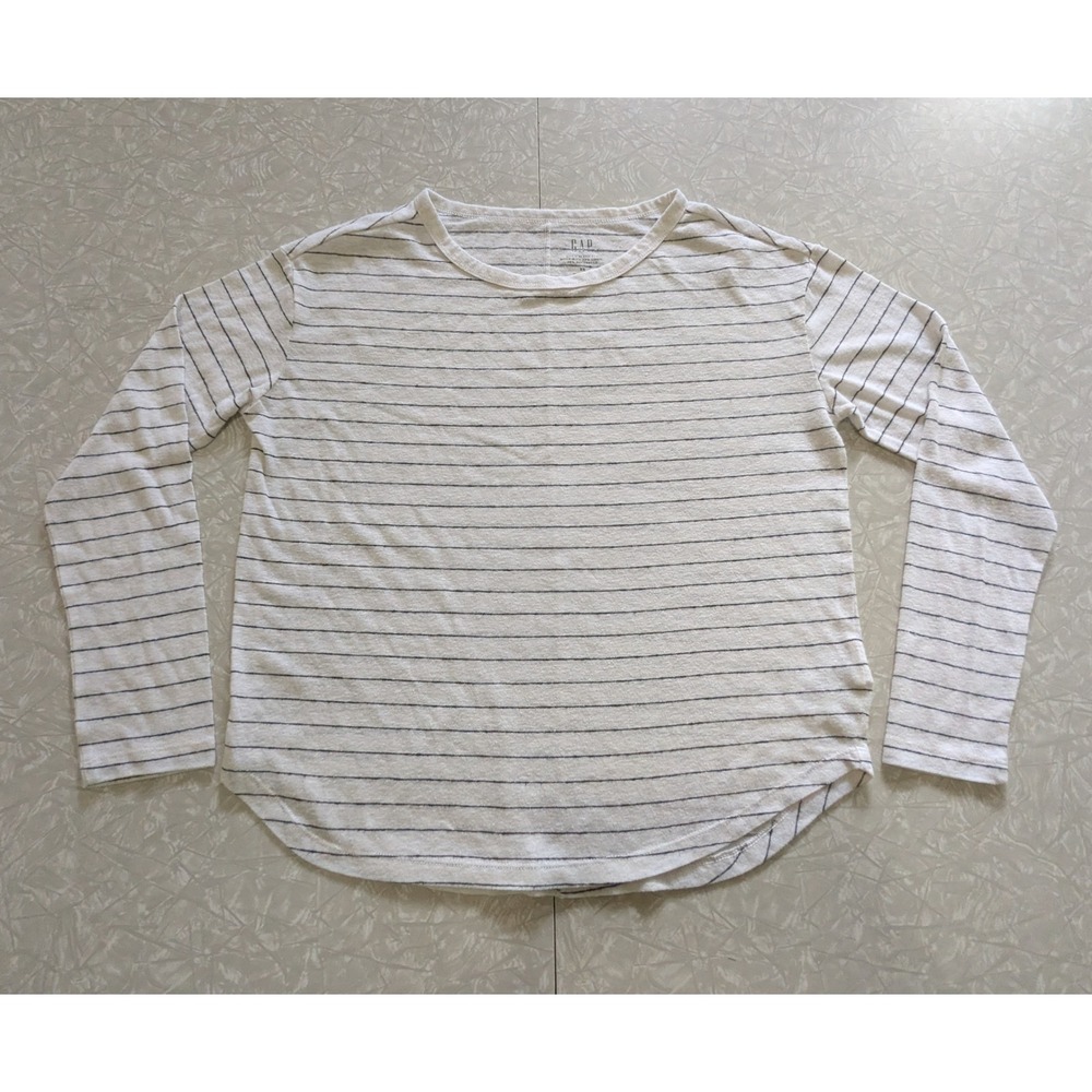 Gap XS Linen Blend Striped Long Sleeve Lightweight Tee‎ White Navy Coastal